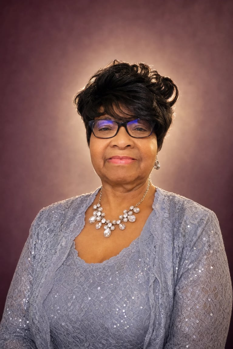 Portrait of a woman with short dark hair, glasses, and pearl necklace wearing a gray sparkly top against a purple gradient background